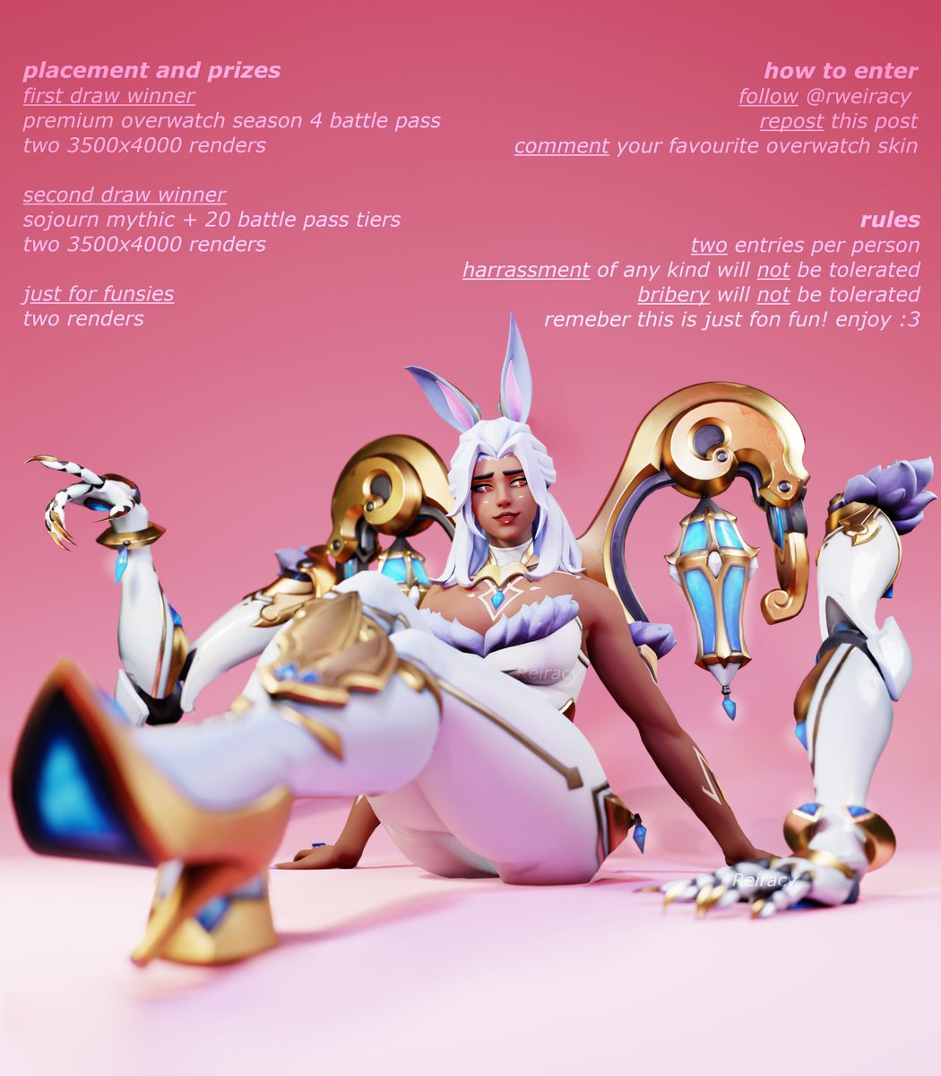 rweiracy's tweet photo. overwatch giveaway !! tysm for all the love recently, here is my thanks to you ♡♡
・・・۶ৎ・・・
prizes !
♡ first draw: Premium Season Battle pass Bundle + 2 renders
♡ second draw: Sojourn Weapon Mythic Bundle + 2 renders
♡ for fun: 2 renders

how to enter !
♡ follow @rweiracy
♡ repost this post
♡ comment your favourite overwatch skin

how to get that extra entry !
♡  follow @pamiauw

rules are on the poster, draws will be announced august 27th! enjoy! :3