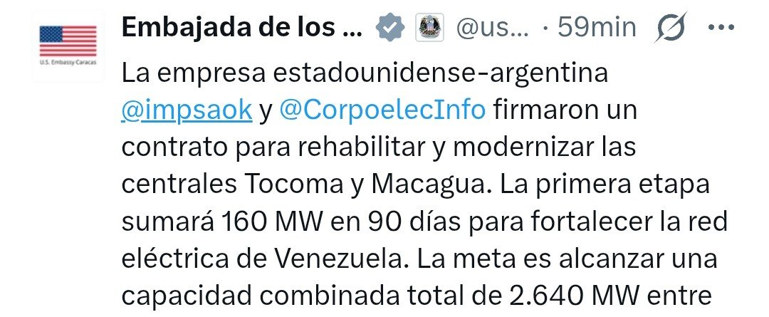 SonPolemicas's tweet photo. Las Sanciones de Estados Unidos contra Venezuela, le impidieron durante más de 10 años a empresas como IMPSA, venderle insumos y repuestos al Sistema Eléctrico venezolano, repuestos que solo esas empresas podían suministrar.
Estados Unidos causó mucho daño a Venezuela. https://t.co/aDhFLFUXVC