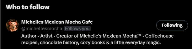 distortedviewpi's tweet photo. Follow me at @michellesmocha... it's my alt account where I talk about all things mocha (well, and some other stuff, too). lol  I'd love to see ya'll there :). https://t.co/hpCjyyM0ZQ