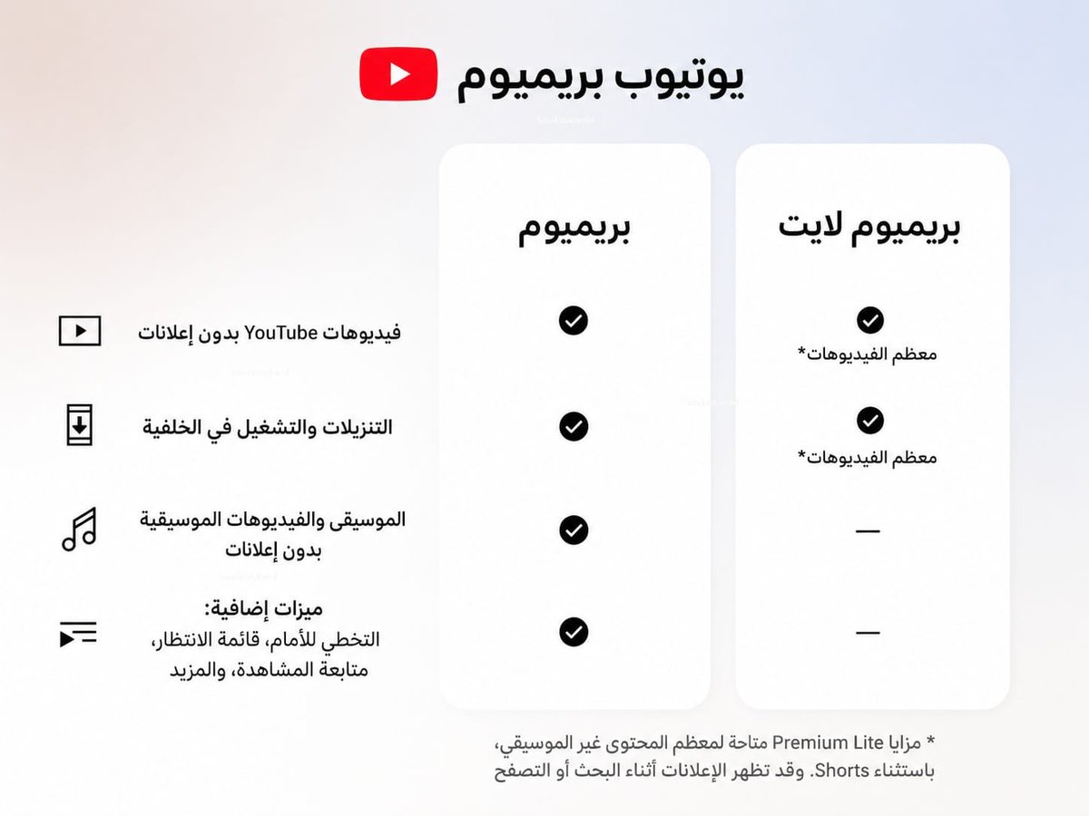 MrSaa3d's tweet photo. 🚨 يوتيوب أطلق رسميًا اشتراك YouTube Premium Lite في السعودية 🇸🇦🔥

الاشتراك الجديد بسعر 16.99 ريال شهريًا، ويعطيك مشاهدة أغلب فيديوهات يوتيوب بدون إعلانات + التشغيل في الخلفية وتحميل أغلب الفيديوهات للمشاهدة بدون إنترنت 👌🏻

Premium العادي: 26.99 ريال
Premium Lite: 16.99 ريال

خيار حلو للي يبي أهم مميزات البريميوم بسعر أقل 👏🏻