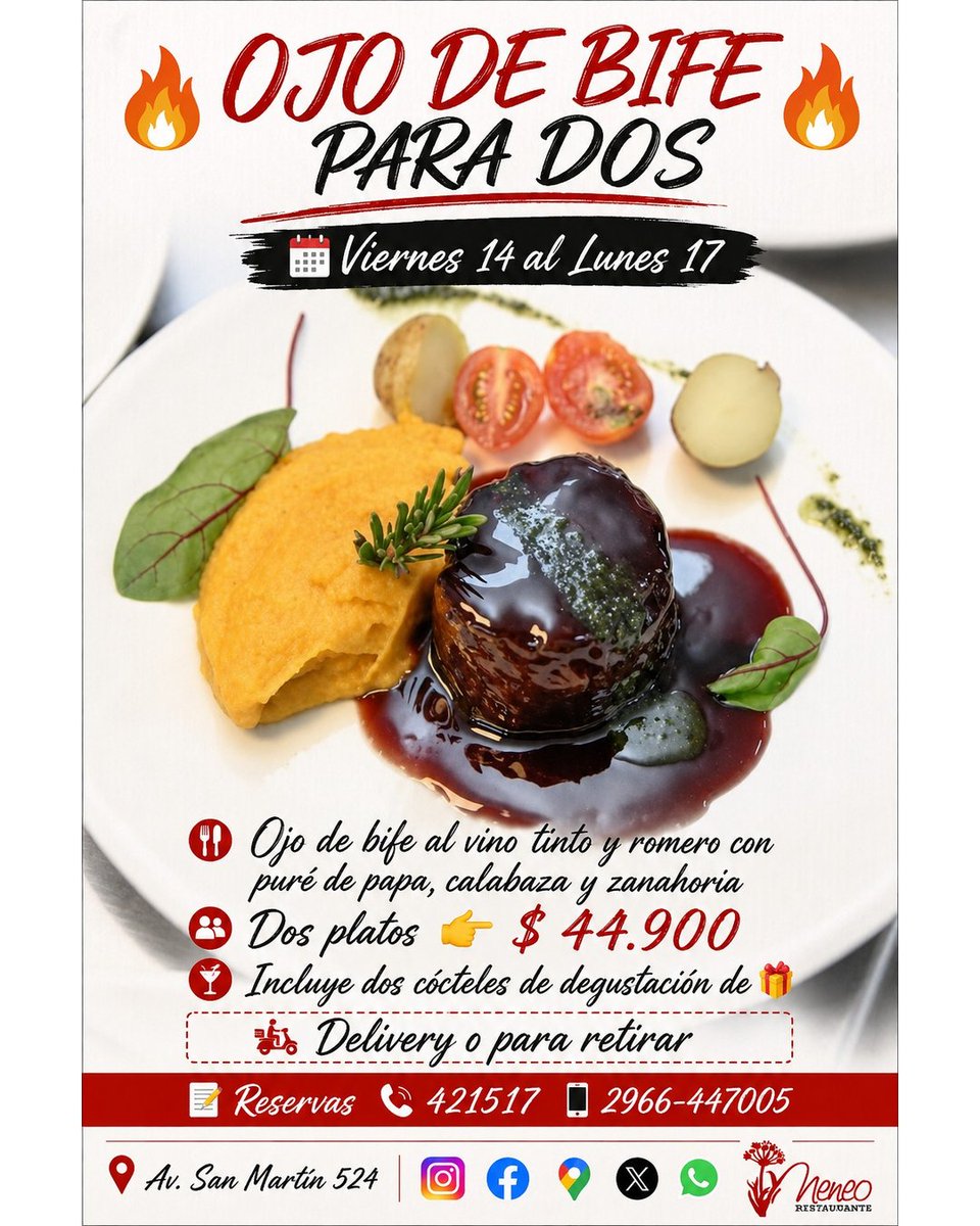 NeneoRestaurant's tweet photo. 🔥 OJO DE BIFE PARA DOS 🔥

📆 Viernes 14 al Lunes 17

🍽️ Ojo de bife 👫 Dos platos 👉 $ 44.900
🍹+2 cócteles de degustación de 🎁

🛵 #Delivery o para retirar

📝 Reservas📱2966-447005
📍 Av. San Martín 524
#Restaurante #Almuerzo #Cena #Promo #OjodeBife #Carne #Argentina https://t.co/pFq7rRcwFB