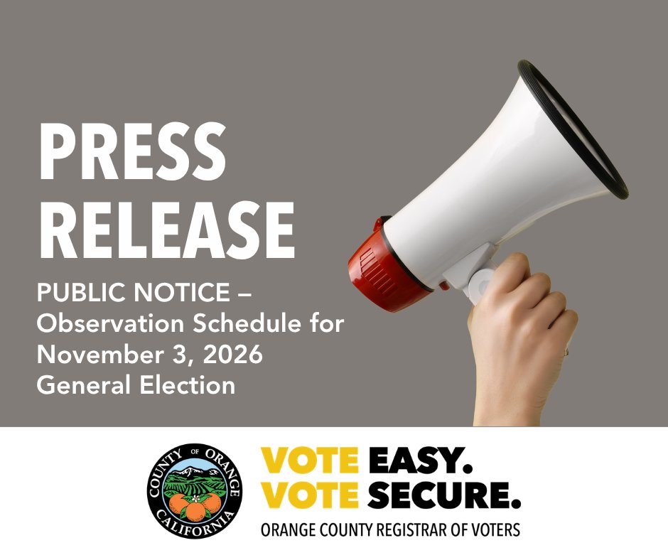 OCRegistrar's tweet photo. PUBLIC NOTICE -- Observation Schedule for November 3, 2026 General Election

The public is invited to observe as the Orange County Registrar of Voters conducts the November 3, 2026, General Election. https://t.co/8EpVviYJy7 https://t.co/FB4hqhl2HE