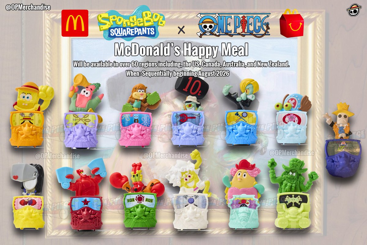 OPMerchandise's tweet photo. Here is the complete line up for the McDonald's SpongeBob SquarePants x One Piece collaboration.

Available in over 60 regions, including the US, Canada, Australia, New Zealand, and more!

Will release sequentially beginning August 2026.

13 toys total. Availability of each toy will be regional.

#OnePiece