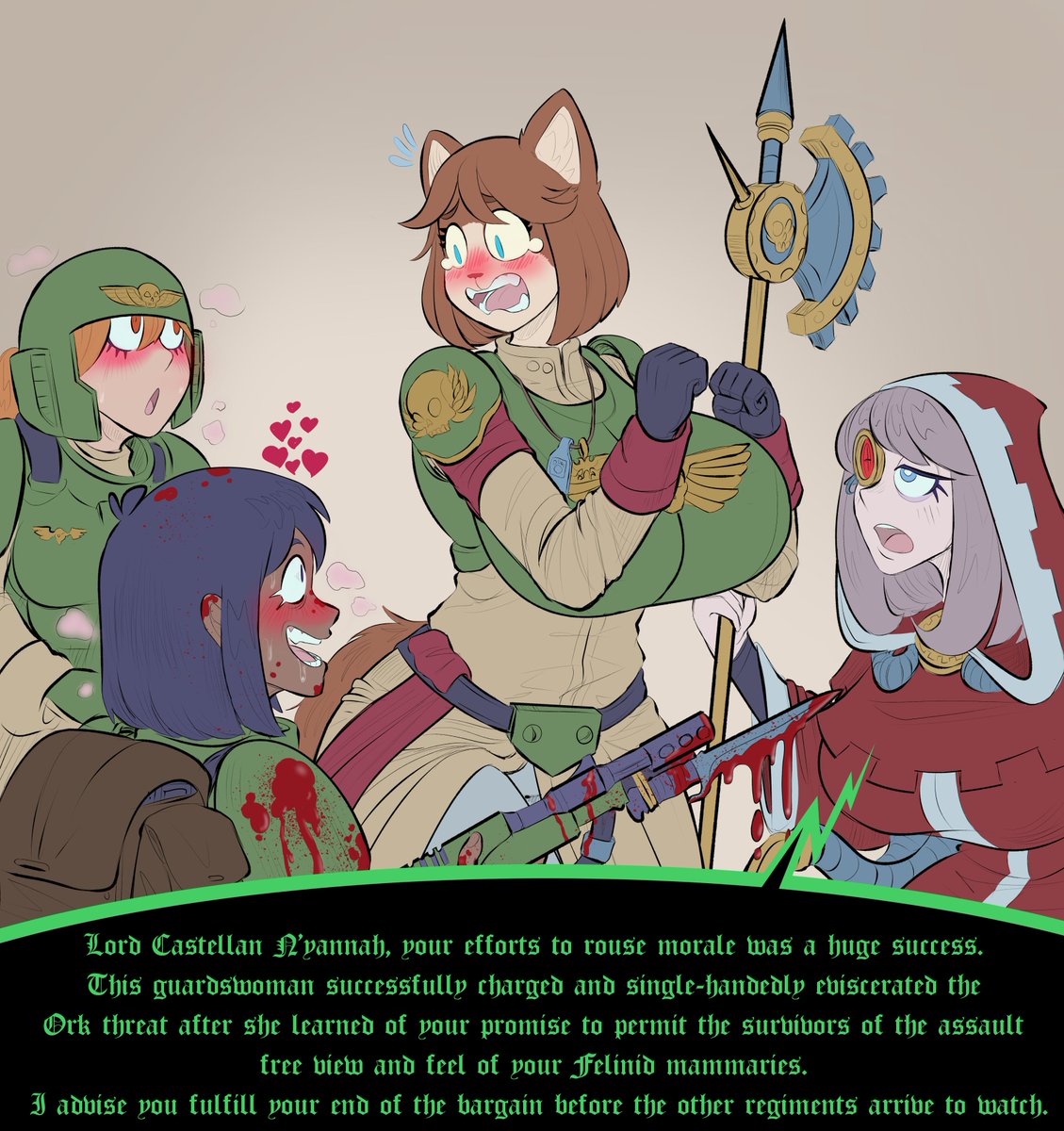fishmandraws's tweet photo. Felinid Castellan Captain's mouth wrote a check her ass wasn't ready to cash. At least her magos pal is there for moral support. 
Some more #warhammer40k fanart from a request thread. https://t.co/gZTzmkZz86