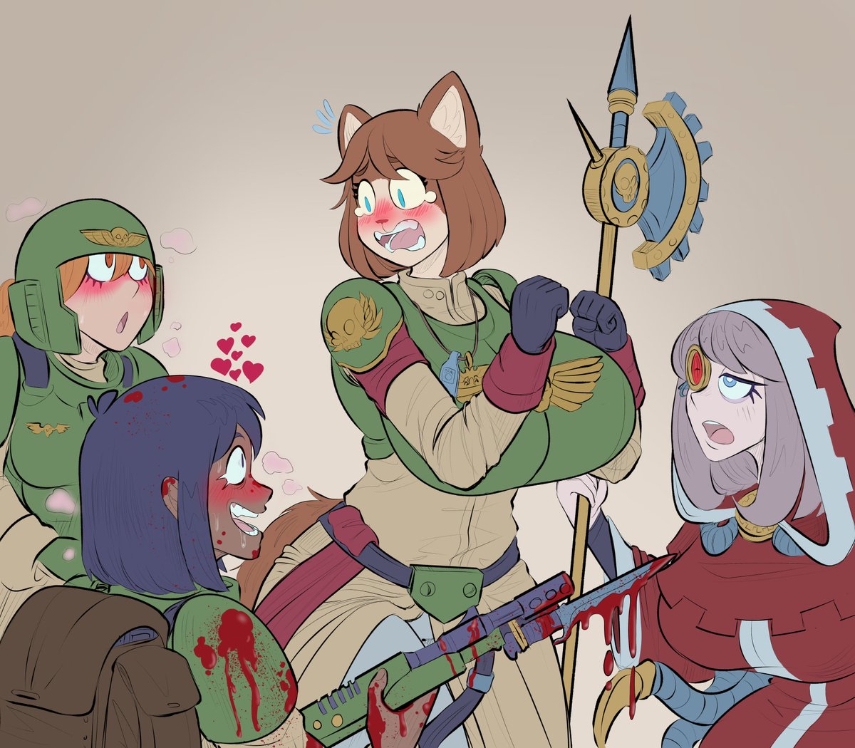 fishmandraws's tweet photo. Felinid Castellan Captain's mouth wrote a check her ass wasn't ready to cash. At least her magos pal is there for moral support. 
Some more #warhammer40k fanart from a request thread. https://t.co/gZTzmkZz86