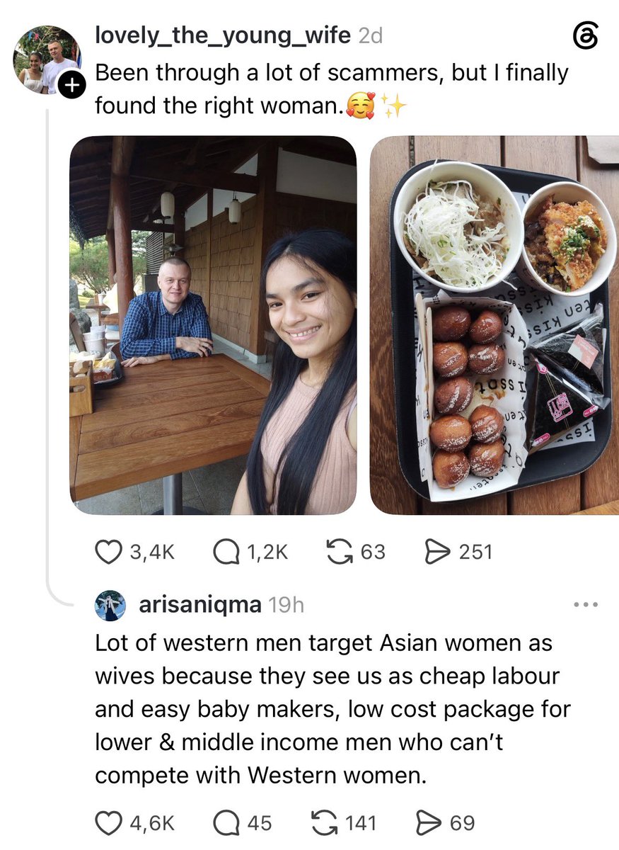 BapakKerja's tweet photo. emang harus hati2 sharing apapun di internet🙏

ini contohnya. bapak ini share kebahagiannya dgn sang istri.

tiba2 ada yg reply:
“banyak pria Barat mencari perempuan Asia untuk dijadikan istri karena mereka menganggap perempuan Asia sebagai tenaga kerja murah dan mudah punya anak-seolah-olah sebuah ‘paket murah’ bagi pria kelas menengah ke bawah yang tidak mampu bersaing dengan perempuan Barat..”

menurut bapak ini agak menohok replynya dan sedikit menuduh tanpa tau detailnya.
