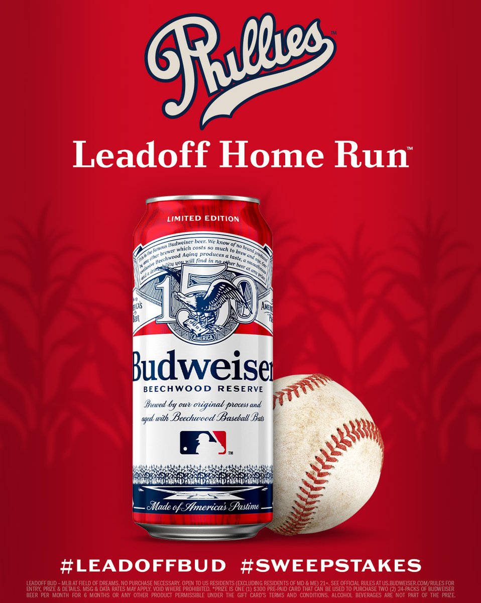 budweiserusa's tweet photo. That's an @MLB at Field of Dreams LEADOFF HOMER for the @Phillies 💥 Which means you can win A SEASON'S WORTH OF BEER MONEY*. 

Enter using #LeadoffBud and #Sweepstakes for your chance to win. https://t.co/xCpH6uMoQ7