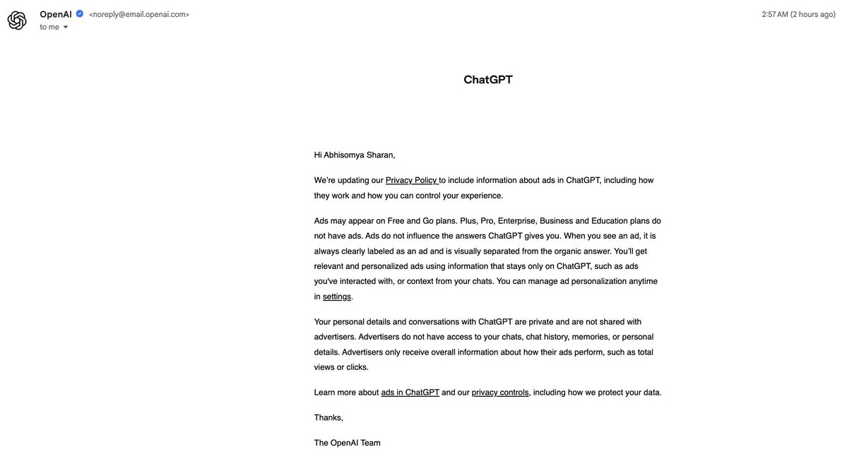 Abhisomyeahhh's tweet photo. While the whole India is asleep, Open AI sends Indians this E-mail 

Classic Strategy, First lure Indians with cheap ChatGPT GO plans then 6-8 months later tell them F you in the middle of the night while they all asleep

Objective intent viewing is done, Ads incoming! https://t.co/Xq7Ilk3EAW