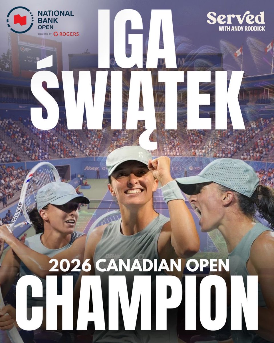 Served_Podcast's tweet photo. Iga Świątek is your 2026 National Bank Open CHAMPION! 🇨🇦🏆

Świątek defeated Elena Rybakina 6-2, 6-3 in Toronto and took her first masters 1000 title of 2026! Congrats Iga! 🎾 https://t.co/rSkz9rCez8