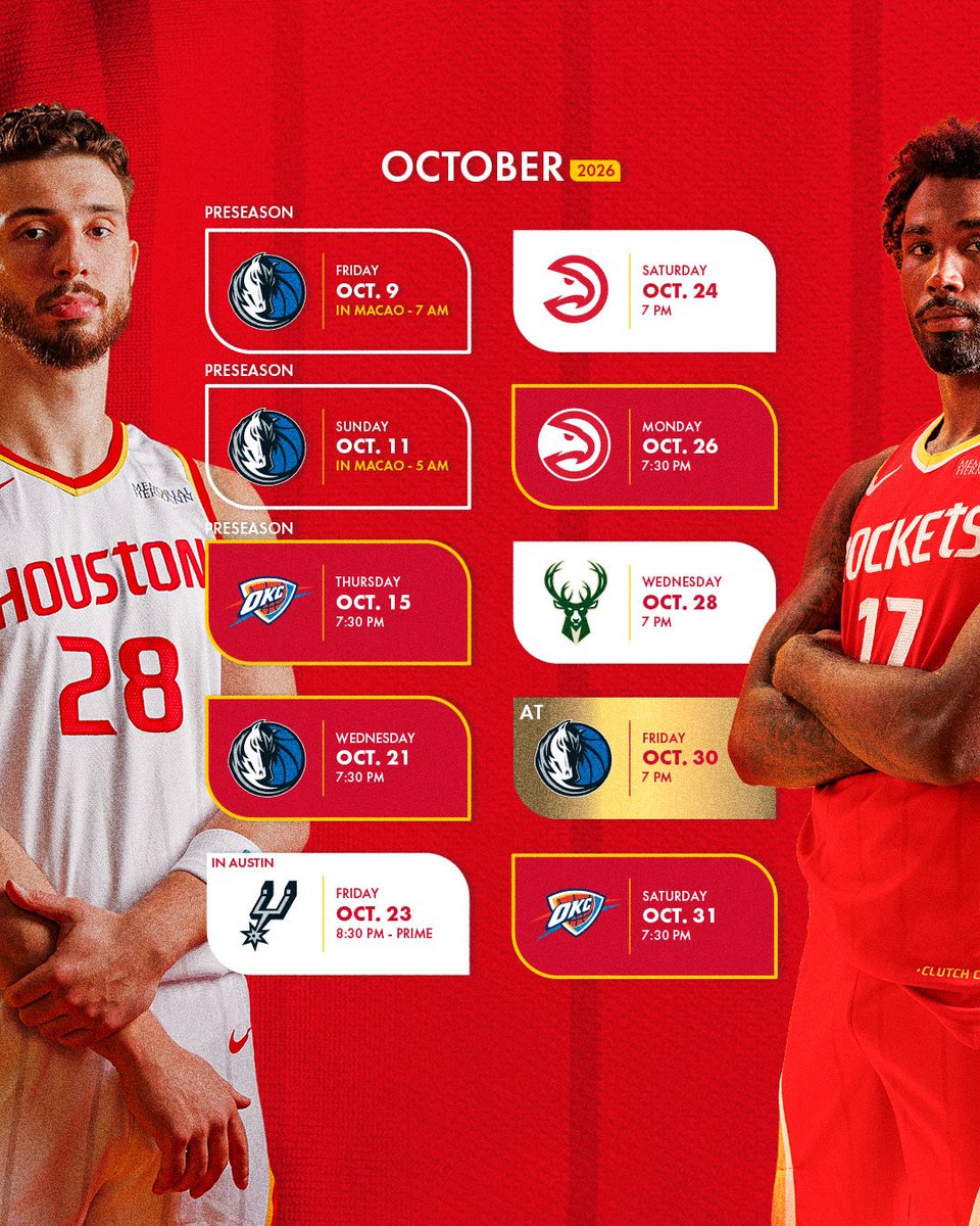 HoustonRockets's tweet photo. Time to plan your life for the next 7 months 🗓️

Scroll ⬇️ to see the 2026-27 schedule! (1/2) https://t.co/l6YfEfeNwl
