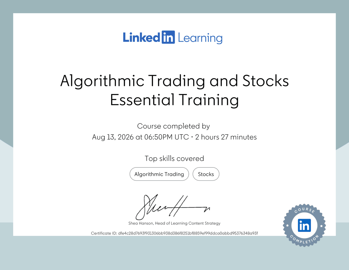 JaneDisciullo's tweet photo. Just completed LinkedIn Learning’s Algorithmic Trading and Stocks Essential Training 📈 Learned the fundamentals of algorithmic trading, quantitative strategies, regressions, backtesting, and building trading algorithms. Time to put it into practice.
https://t.co/fnwockMTsY https://t.co/7jVVSLctk6