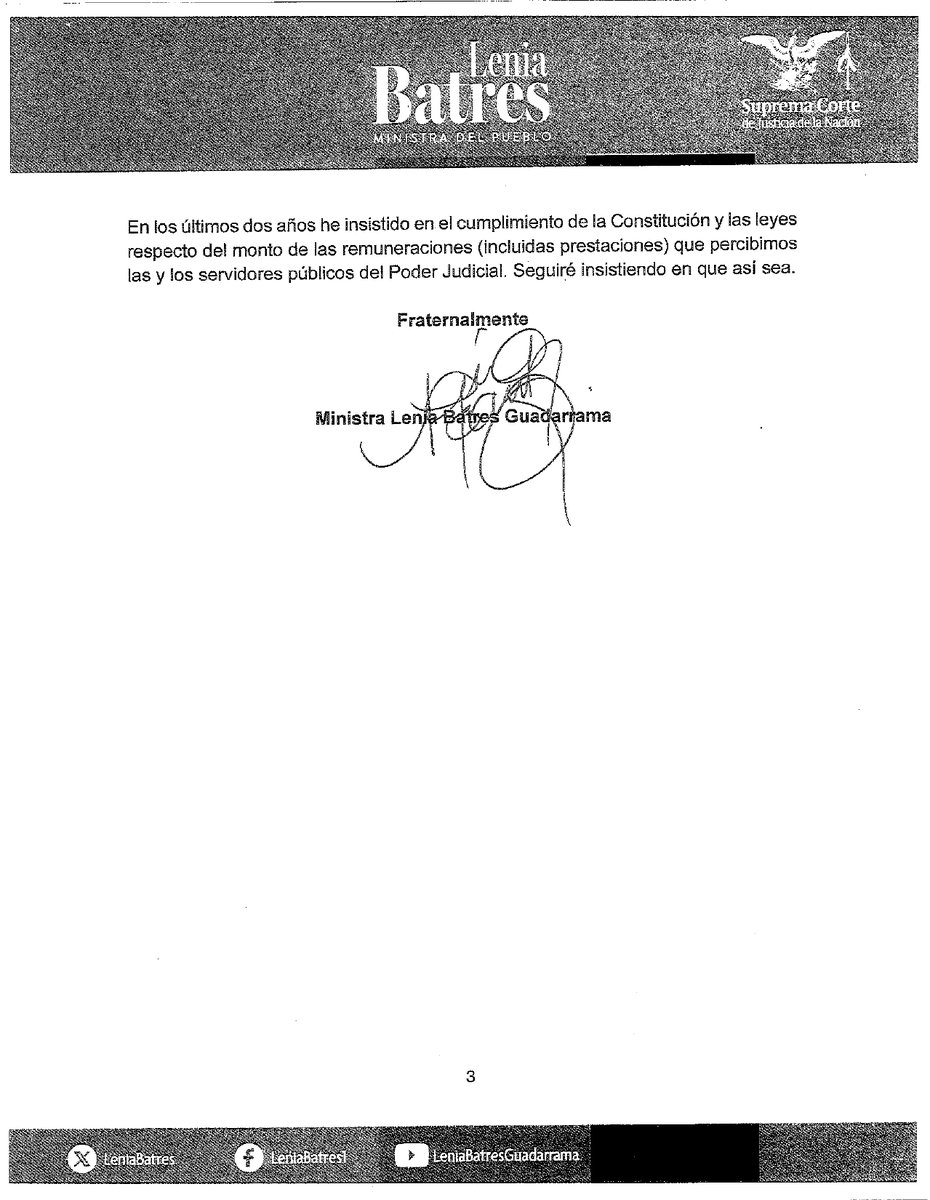 LeniaBatres's tweet photo. Desde que ingresé a la Suprema Corte, en diciembre de 2023, hice un compromiso absoluto con el cumplimiento de ejercicio de austeridad republicana a que estamos obligadas las personas servidoras públicas conforme a la Ley y la Constitución.  

Por ello, ante el inminente envío del proyecto de presupuesto del Poder Judicial de la Federación a la Secretaría de Hacienda, he remitido este escrito al titular del Órgano de Administración Judicial de este Poder.  

Desafortunadamente, ha generado animosidad negativa en mis compañeros ministros y compañeras ministras, que se reflejó en la sesión del día de hoy.  Me comprometí a hacer público el escrito que muestro a continuación: