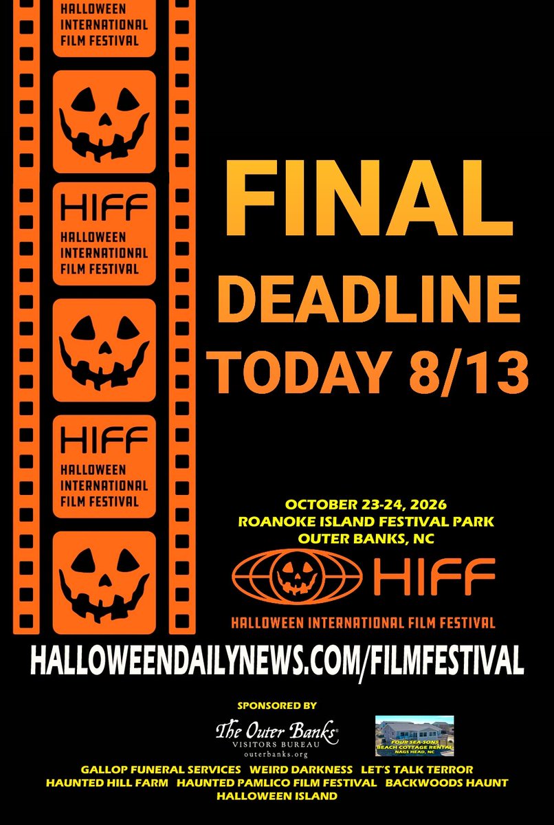 obxe's tweet photo. TODAY is the FINAL DEADLINE for submissions for the Halloween International Film Festival 2026!!! Submit your film before midnight on FilmFreeway: https://t.co/ohOYS8UR5R 

🎃🎬🎃🎞🎃 https://t.co/30Hr8sK29w