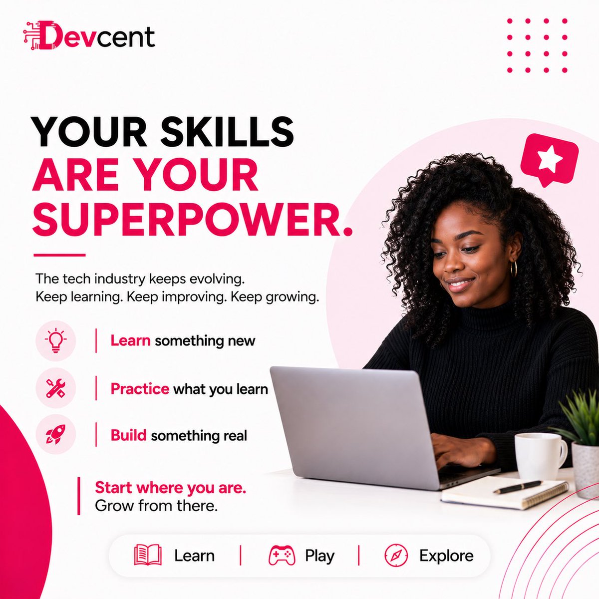 DevcentNg's tweet photo. Your skills are your superpower. 💻🚀
Learn something new. Practice what you learn. Build something real.
The tech world keeps evolving—so should you.
**Start where you are. Grow from there.**
#Devcent #TechEducation #DigitalSkills #LearnPlayExplore https://t.co/eM34T8KzxG