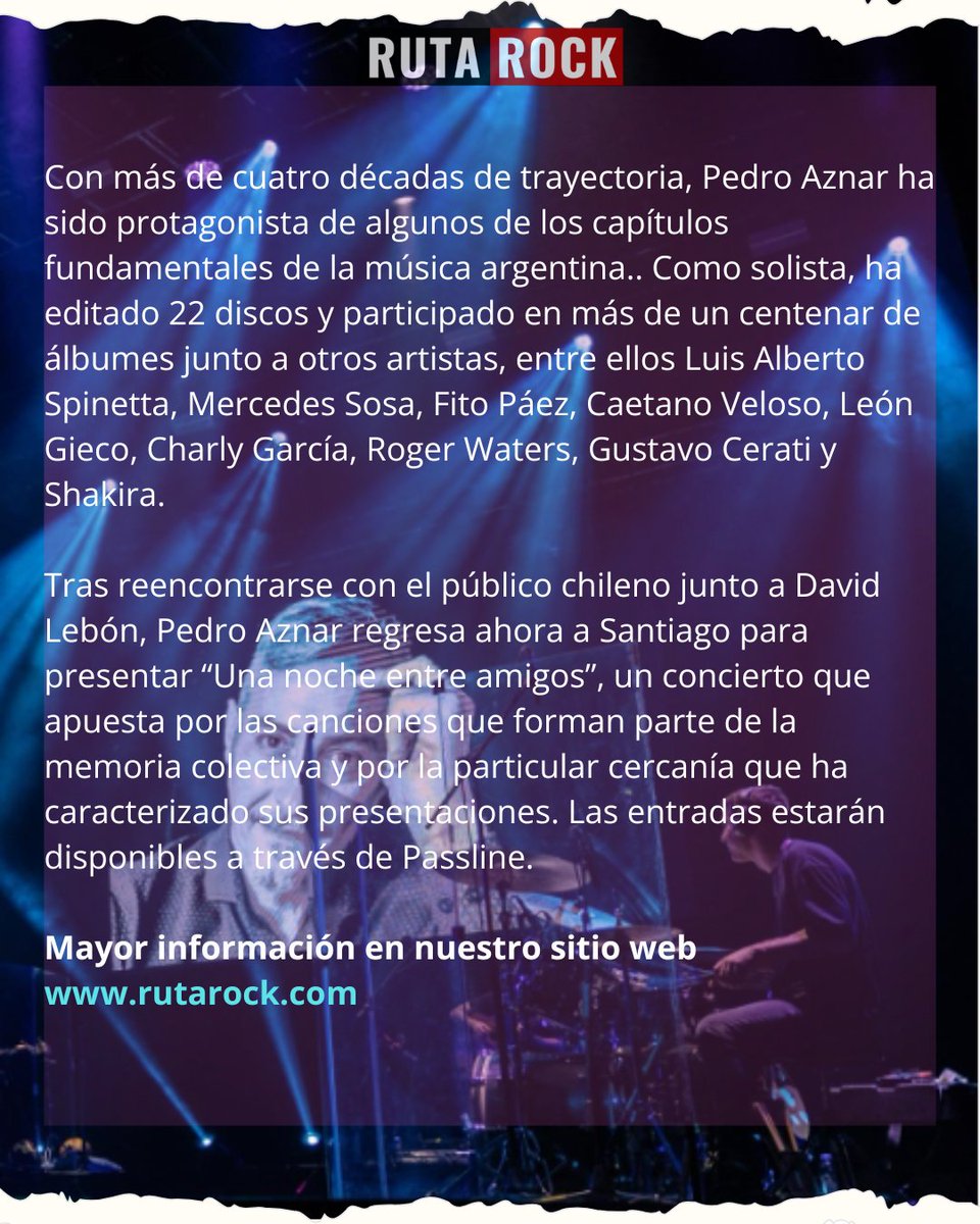 RutaRockCom's tweet photo. El reconocido cantante, compositor y multiinstrumentista argentino recala en Chile tras agotar funciones junto a David Lebón y se presentará el sábado 28 de novie.  

Revisa la información completa en nuestra web 👉 https://t.co/CI51KCAob1 https://t.co/GQiejl1Zh5