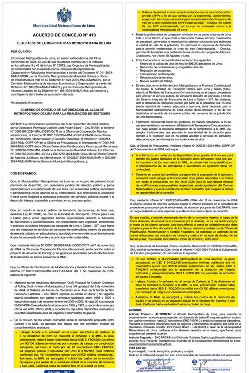 tovar_samanez's tweet photo. Piden más documentos? Aquí el documento clave: acuerdo del Concejo donde consta el pago por la compra de los trenes https://t.co/xt8bZ7Nkcu