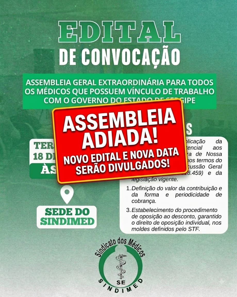 SINDIMEDSE's tweet photo. Sindimed suspende Assembleia Geral Extraordinária para médicos com vínculo com o Governo do Estado 
https://t.co/wpz0S2c1MX https://t.co/w2JjfLOOhL