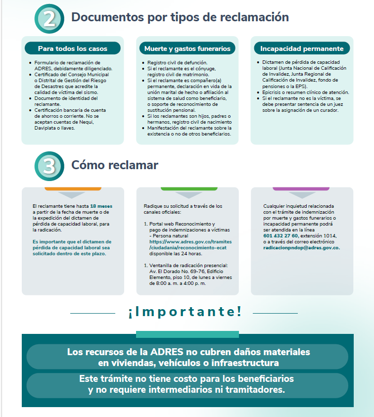mfcruzv's tweet photo. ADRES informa que las víctimas del terremoto tienen derecho a atención integral de salud gratuita. Además, se reconocen prestaciones económicas de indemnización por muerte, incapacidad y gastos funerarios. Los beneficiarios y forma de reclamación se encuentran en la infografía. https://t.co/S1S4qx5Gv4