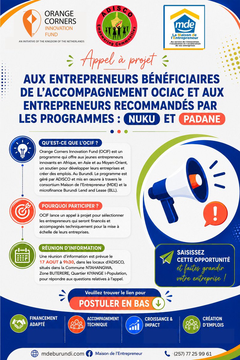 MagazineJimbere's tweet photo. 📢 Une opportunité pour les jeunes entrepreneurs soutenus par #NUKU, #OCIAC et #PADANE !

🎯 C’est parti pour la nouvelle cohorte, édition 2027 ! Le programme d’incubation et d’accélération des entreprises locales, @OrangeCorners est de retour. La Maison de l’entrepreneur lance un appel à candidatures pour les #entrepreneurs locaux qui souhaitent booster leur business

✍🏾 Le fonds dédié à l’innovation cible particulièrement les jeunes entrepreneurs de 18 et 35 ans qui ont déjà participé à un des programmes de soutien comme NUKU et PADANE

📍Les candidats entrepreneurs retenus bénéficieront d'un accompagnement technique, managérial (des formations, du coaching et financier pour améliorer leurs performances et porter à échelle leurs entreprises. 
Les financements varient entre 10.000 et 25.000 euros sous forme de subvention (40%) et de crédit (60%) à rembourser sur une période de 2 ans

📌 La date limite est fixée au 23 août 2026 à 23h59, heure de Bujumbura. Les candidatures soumises après ce délai ne seront pas prises en considération. Pour postuler, les candidats sont invités à compléter le formulaire en ligne via le lien : https://t.co/zjX9PhCnAe

👆🏾 Pour les #jeunes #entrepreneurs intéressés, les conditions requises sont reprises en bas

#Burundi