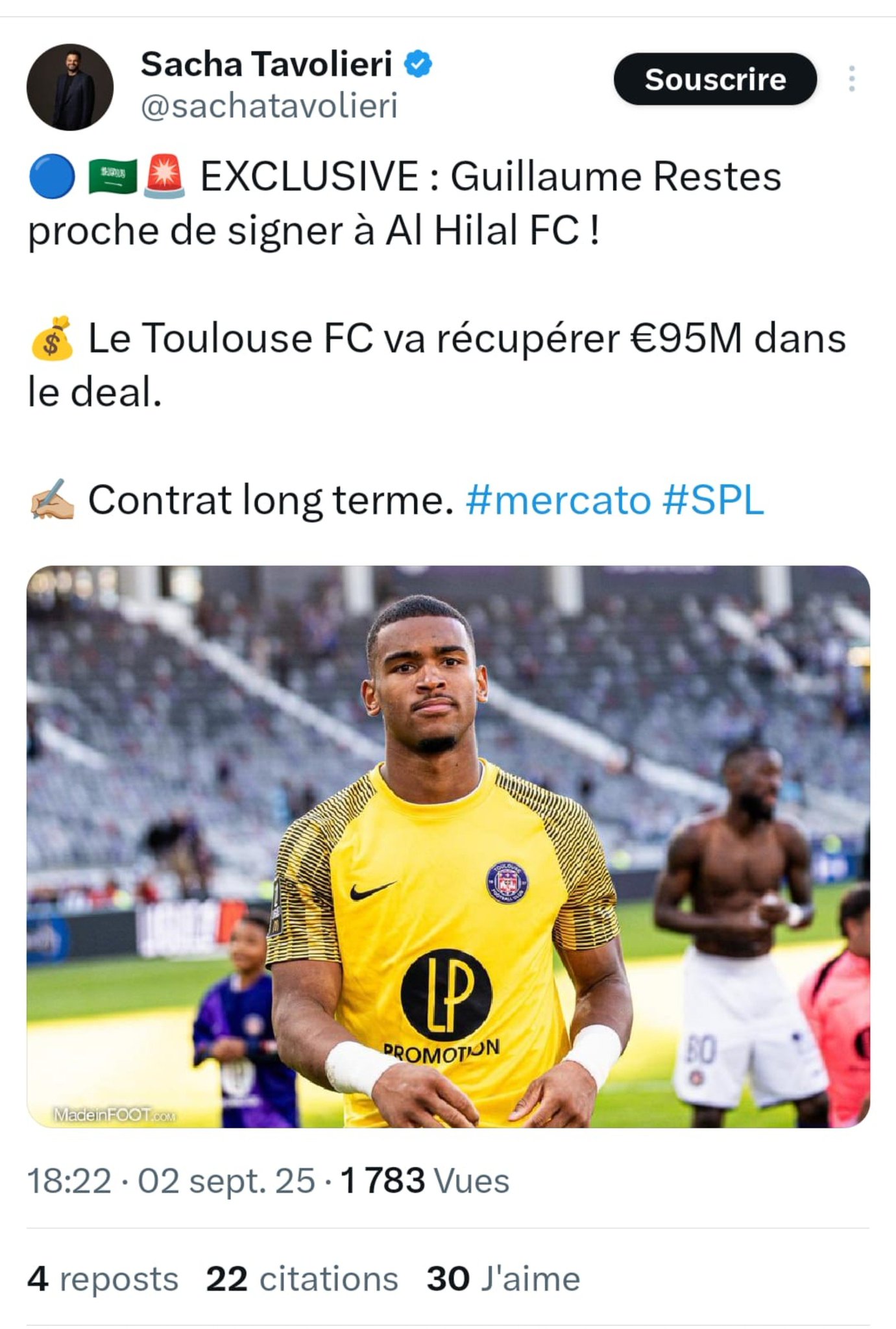 🤗 Donc Guillaume Restes, c'était 95 M€ l'été dernier. Et maintenant c'...