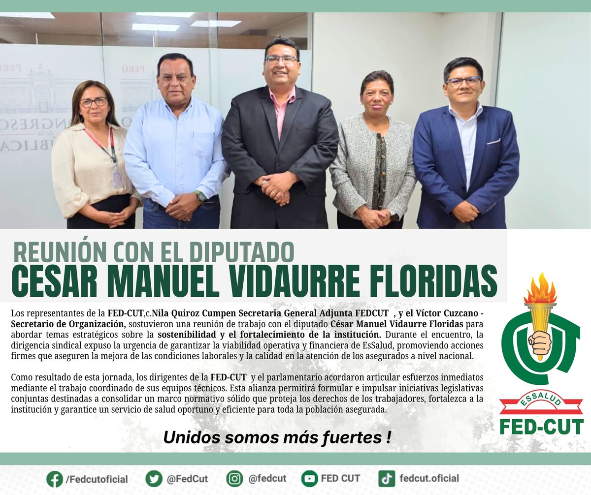 FedCut's tweet photo. 🤝 Seguimos fortaleciendo el diálogo y la articulación por nuestros trabajadores
La #FEDCUT sostuvo una reunión de trabajo con el diputado César Manuel Vidaurre Floridas para abordar acciones en favor de EsSalud y la defensa de los derechos laborales
¡Unidos somos más fuertes! https://t.co/1re659i0DA