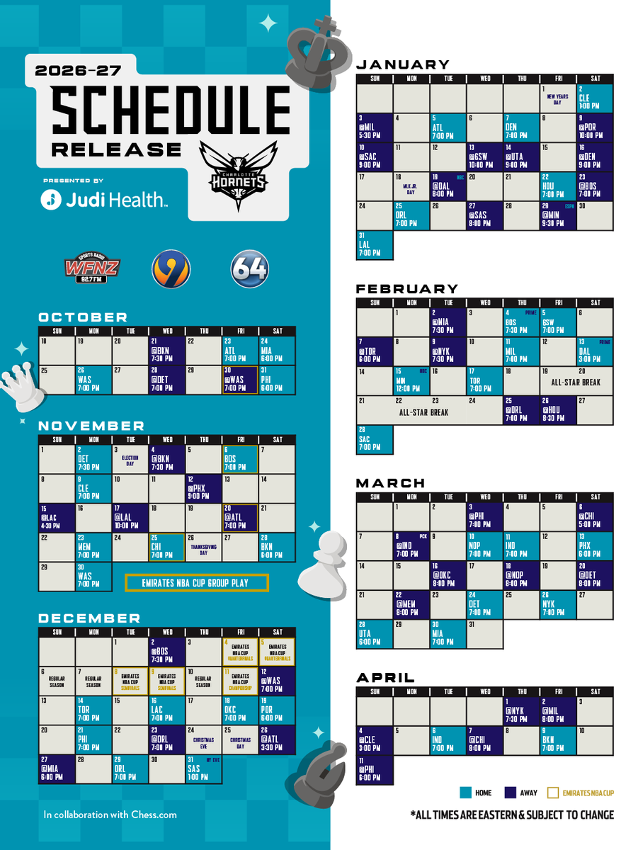 hornets's tweet photo. 2026-27 schedule is out now 🗓️

presented by Judi Health https://t.co/VGEjq4bpuf