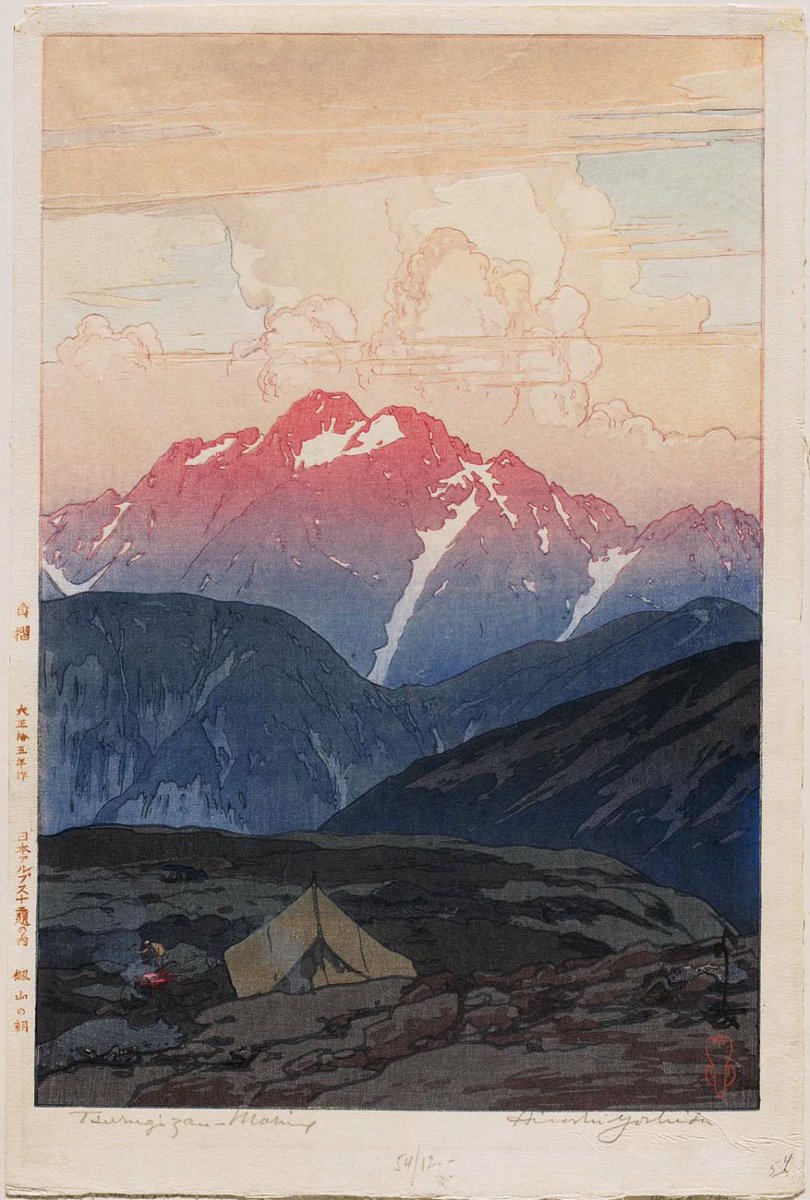 JapanTraCul's tweet photo. Tsurigizan–Morning, from Twelve Scenes in the Japan Alps, by Yoshida Hiroshi, 1926 https://t.co/zPZgiLjTp7