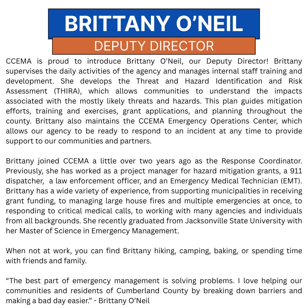 ccemaready's tweet photo. Introducing Brittany O'Neil, CCEMA Deputy Director! https://t.co/tm14LY6eKs