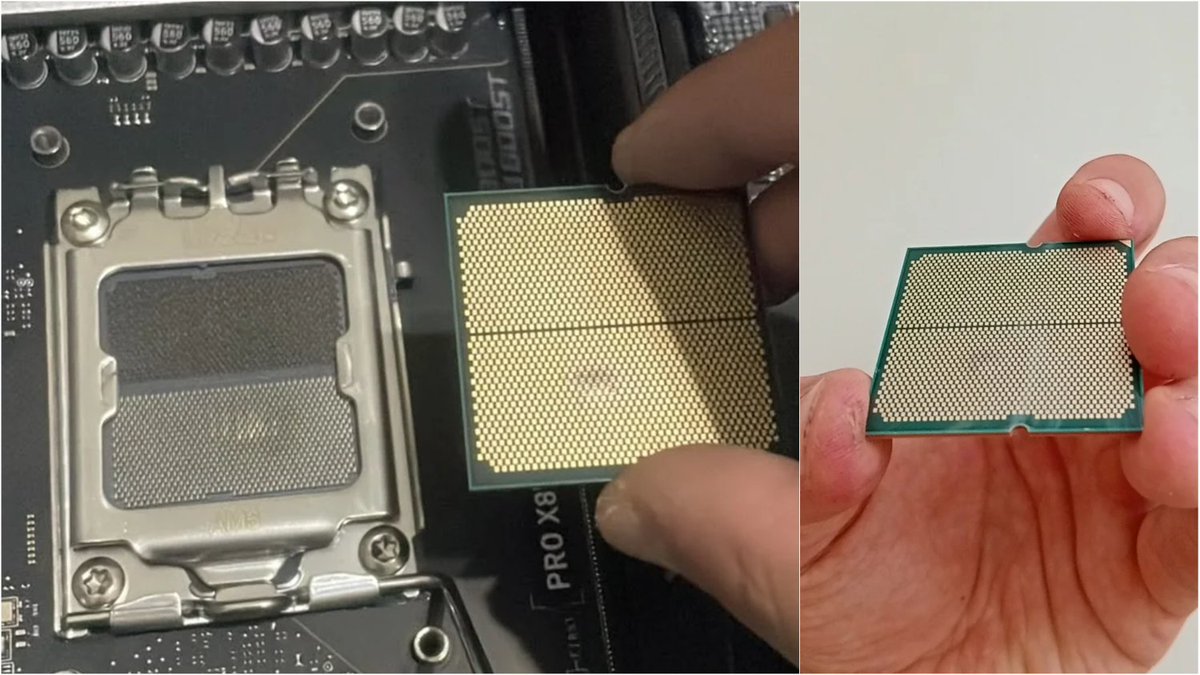 TweakTown's tweet photo. A Ryzen 7 7800X3D reportedly burned and swelled on an @MSIUSA board running AMD's latest BIOS, suggesting vendor BIOSes may still allow harmful voltage spikes despite AMD's SoC caps. 🔧⚠️ https://t.co/mdEiNp7IGa https://t.co/bOM5MA1CpD