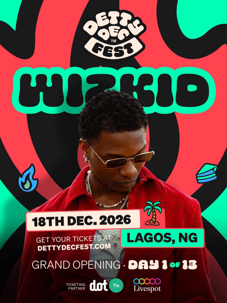 Theplaymag1's tweet photo. 🚨 EXCLUSIVE: Wizkid is set to headline the opening night of Detty December Fest 2026 in Lagos. 🔥🇳🇬

Starboy season loading… 🌟

#Wizkid #DettyDecember #PlayMag https://t.co/WFVz4fqisJ