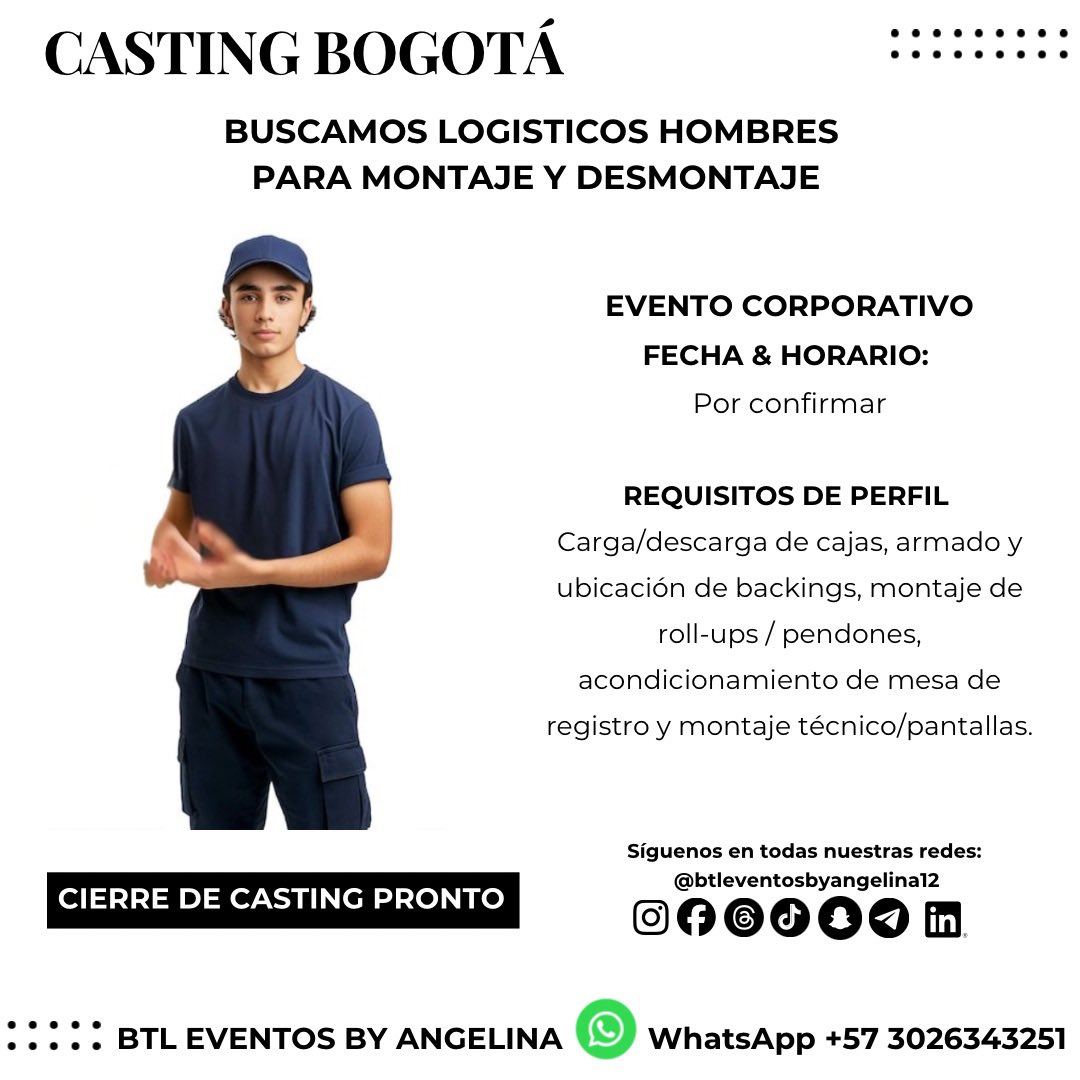 btleventoscol12's tweet photo. CASTING BOGOTÁ 
Buscamos hombres logisticos para montaje y desmontaje para evento privado de manera confidencial, tener disponibilidad, disposición.
#BTLEVENTOSBYANGELINA #BOGOTÁ #LOGISTICOS https://t.co/1U29sk4xh2