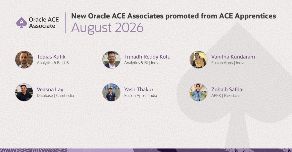 oracleace's tweet photo. 🎉 As we conclude our August 2026 promotion announcements, we'd like to congratulate this final group of newly promoted Oracle ACE Associates.

Together, more than 50 Oracle ACE Apprentices have reached this exciting milestone, reflecting the incredible strength, diversity, and passion of our global Oracle community.

Congratulations to every new Oracle ACE Associate—we're excited to see your continued impact in the months and years ahead!
#OracleACE