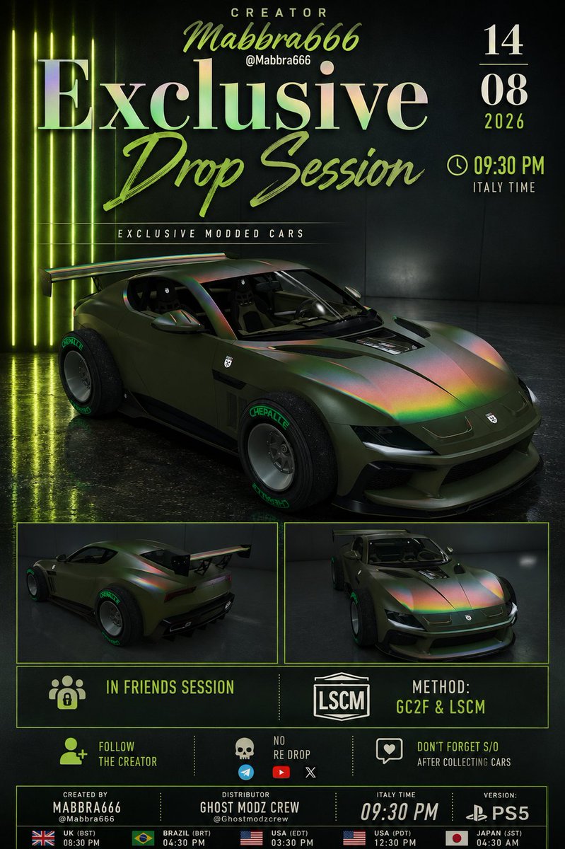 Mabbra666's tweet photo. 🚨ＤＲ♢Ｐ Ｓ|ΞＳＳＩ♢Ｎ🚨
🎮PS5

🗓14/08/26
🕘TIME
🇮🇹21:30/🇺🇸15:30
🇧🇷17:30/🇬🇧20:30

💰LSCM
🔰GC2F
📍TENUTA EOLICA
🆔PINNED HERE AT START
❌NO STREAM

┈═━═━☆═◈═☆━═━═┈
🔥ＮＥＷ　ＵＰＤＡＴＥ🔥
Final Part 40/40

🚘CARTUCCIA GT
🚘HORUS 🆕

🧼FULL CLEAN
🪄UNSELECTED INTERIORS
🌈CHAMELEON PEARL
🏷️YANKTON PLATE

┈═━═━☆═◈═☆━═━═┈
🚨NEW REQUEST: COMMENT YOUR 🆔 HERE TO BE ACCEPTED

📸DON'T FORGET S/O

┈═━═━☆═◈═☆━═━═┈
🔔FOLLOW
❤️LIKE 
♻️RETWEET 

🔗 https://t.co/6Dfr0DZxXW…

#Gta #Gtaonline #Gtacommunity #RockstarGames #Youtube #Gc2f #PS5