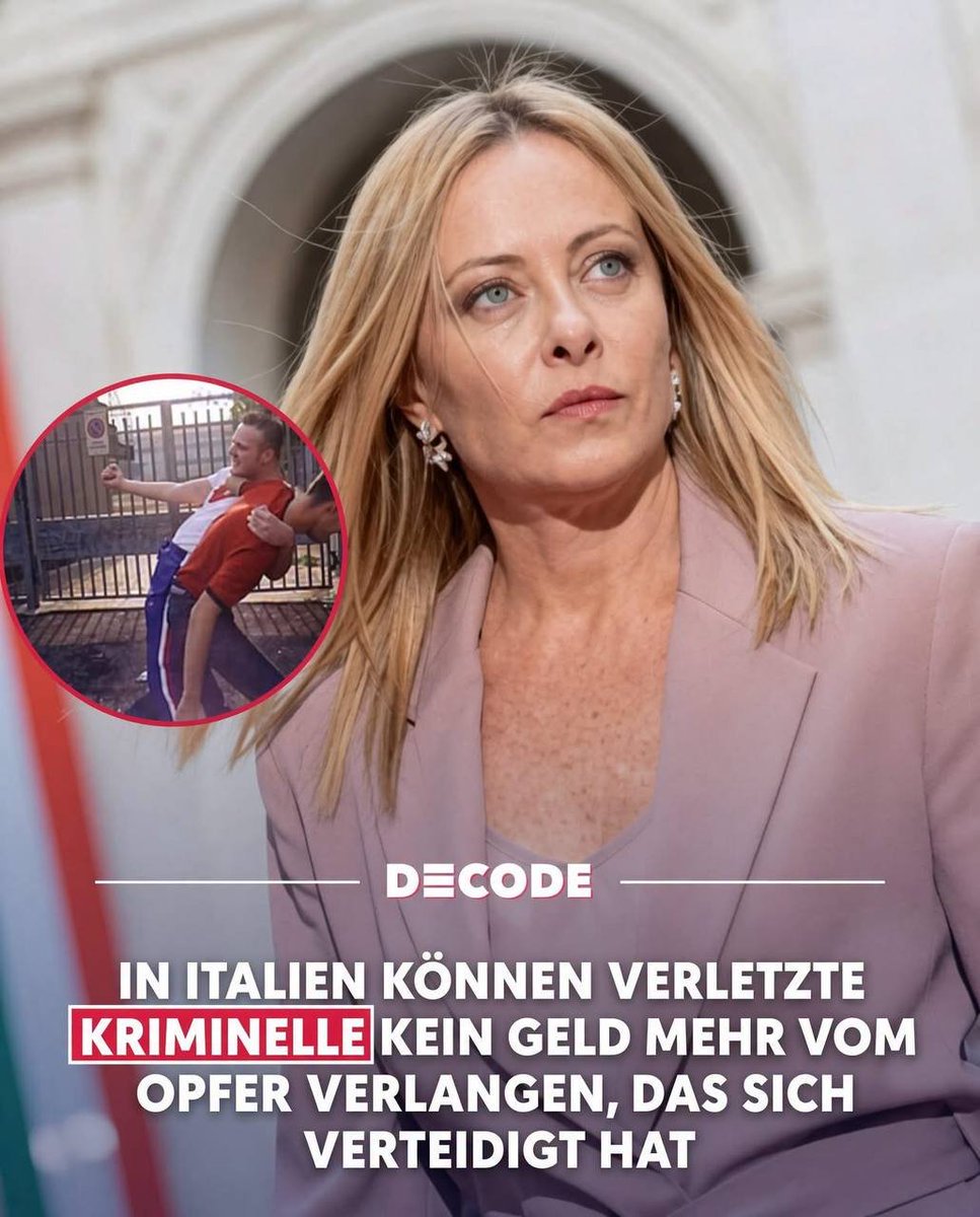 BoschimoDr's tweet photo. Eigentlich das Normalste der Welt: „Wenn du mich angreifst, verteidige ich mich. Warum sollte ich dir dann noch Geld zahlen?“

Mit diesem Satz hat Giorgia Meloni ein neues italienisches Gesetz verteidigt, das für viel Aufsehen sorgt. 🇮🇹

Seit der Reform kann eine Person, die bei der Begehung einer Straftat verletzt wird, keine Schadensersatzansprüche mehr gegen das Opfer geltend machen, das sich verteidigt hat. Auch Angehörige können das nicht. 💶

Die Regelung folgt auf mehrere Fälle, die die Öffentlichkeit schockiert hatten: Opfer von Einbrüchen oder Überfällen wurden später von ihren Angreifern zivilrechtlich auf Entschädigung verklagt.

Die italienische Regierung nannte diese Situation ein „Paradoxon“, das korrigiert werden musste. 🛡️

Wichtig: Das Gesetz entzieht Verurteilten nicht alle Rechte. Es gilt nur für den speziellen Fall, dass ein Straftäter durch die sich verteidigende Person verletzt wird.

https://t.co/PkofebMlhQ