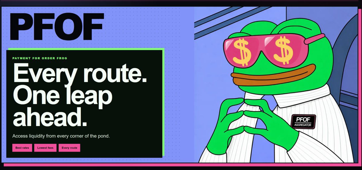 lsdjun's tweet photo. alpha @0xPFOF

basically as more venues start popping up, your liquidity is gonna be scattered everywhere and you don’t wanna be checking 10 different places just to get a trade done

PFOF sits on top of all of that and routes your trade across dexes, aggregators and custom routes to find the best liquidity

it also has private cross chain swaps (processed w @houdiniswap), native robinhood ETH privacy pools through @theprivacycash and more stuff like lending/borrowing already being worked on

builders can use the API too so they can plug the router into their own apps [https://t.co/0d9u5de31R]

also heard a leaderboard is coming soon which could get pretty interesting!

btw @draculapresley is the one building this

https://t.co/y0Kwo4fCwu