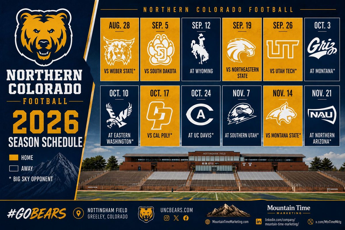 MtnTimeMktg's tweet photo. University of Norther Colorado Bears 2026 NCAA Football Schedule
Go Bears!
#UNCG #UNCGreeley #NoCo https://t.co/Jpc4WlCy2l