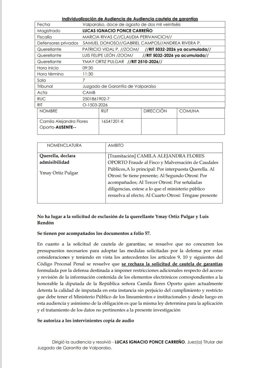 lmrendon's tweet photo. Hoy doble derrota de @Cami_FloresO en tribunales. Representada por Samuel Donoso (del team Hermosilla) quería excluirnos como querellantes: RECHAZO. Luego, quería restringir el acceso a la información que existe en sus dispositivos incautados: RECHAZO. Avanzamos al desafuero! https://t.co/3NlN9pnUmL