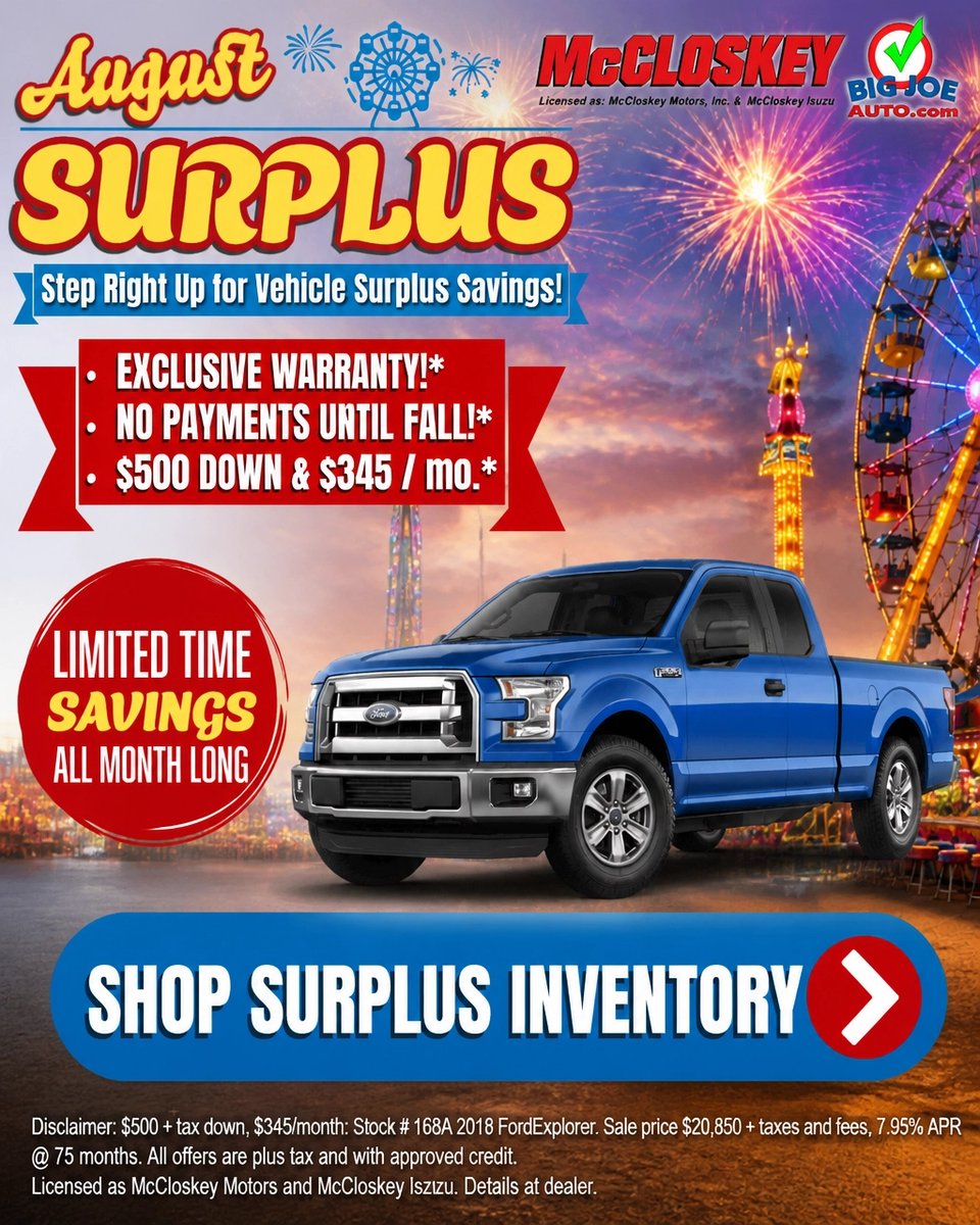 bigjoeauto's tweet photo. Financing for all walks of life! 🚗 August Vehicle Surplus Clearance: $500 down, $345/mo, and no payments until fall.* Shop 200+ vehicles at McCloskey Motors. #McCloskeyMotors #ColoradoSprings https://t.co/8NQITARFnQ