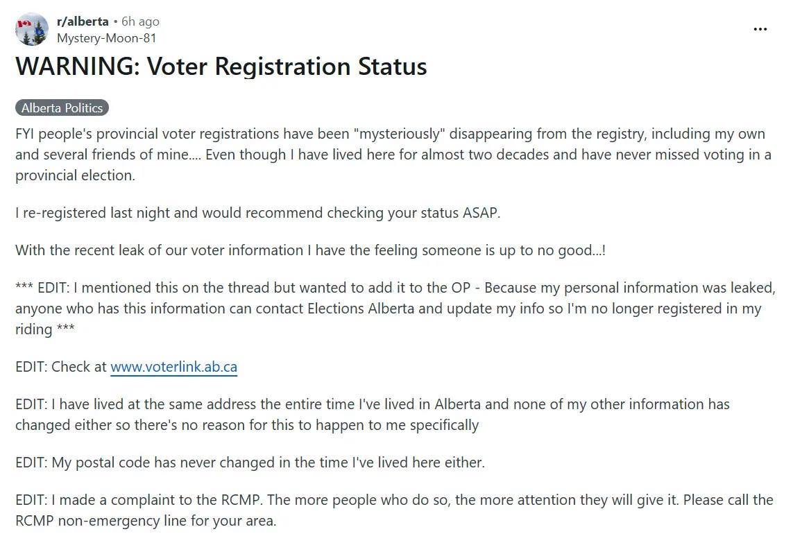 cmcalgary's tweet photo. This is a good point, hadn't thought about that. 

Reddit post: https://t.co/8h1CW4z1xP There are like 30+ other ppl in this thread who are no longer registered !! 

Checked mine, all good. Check yours.

https://t.co/YZhIDkVLsX

You need: surname, DOB, postal code. 

#abpoli https://t.co/KmQXRSRwfr