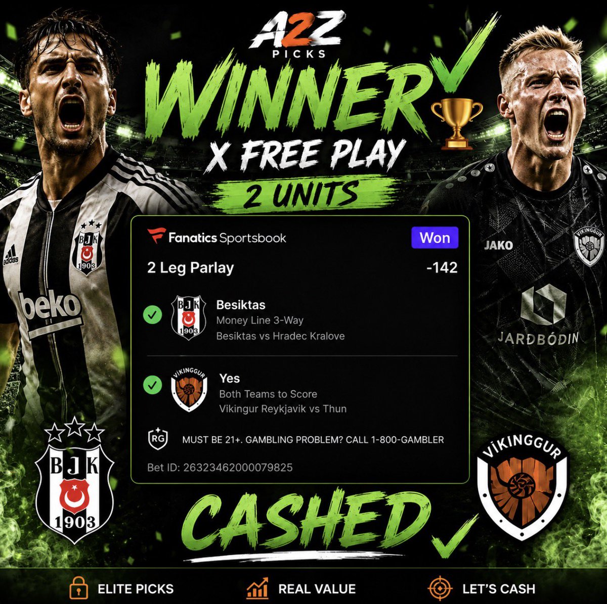 A2ZPICKS1's tweet photo. 🏆 X FREE PLAY CASHES! ✅💰
⚽️ Besiktas 3-Way ML ✅
⚽️ Vikingur Reykjavik vs Thun — BTTS YES ✅
🔥 2-LEG PARLAY (-142) — WINNER
💰 +2 UNITS
Another free winner for the X crew! 🤑
A2Z PICKS 🐻🔥
#A2ZPicks #SoccerPicks #FreePlay #SoccerBetting https://t.co/yddTl1Bt4P