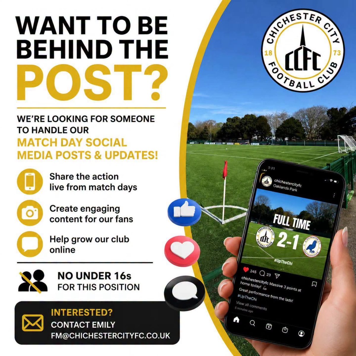 ChiCityFC's tweet photo. We are looking for someone to help with social media on match days.
Please note this is a voluntary position,perfect for someone looking for experience or passionate about the club https://t.co/LTdZ7TiKZf