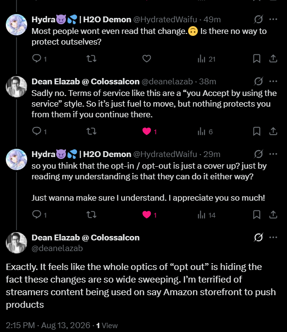 HydratedWaifu's tweet photo. This is a well known lawyer in the community.
The opt-in and out options don't even matter according to @Twitch TOS recently updated..

As a streamer, game dev, or🎨 your content isn't safe.

Please share...💔 https://t.co/MowTNjoa06