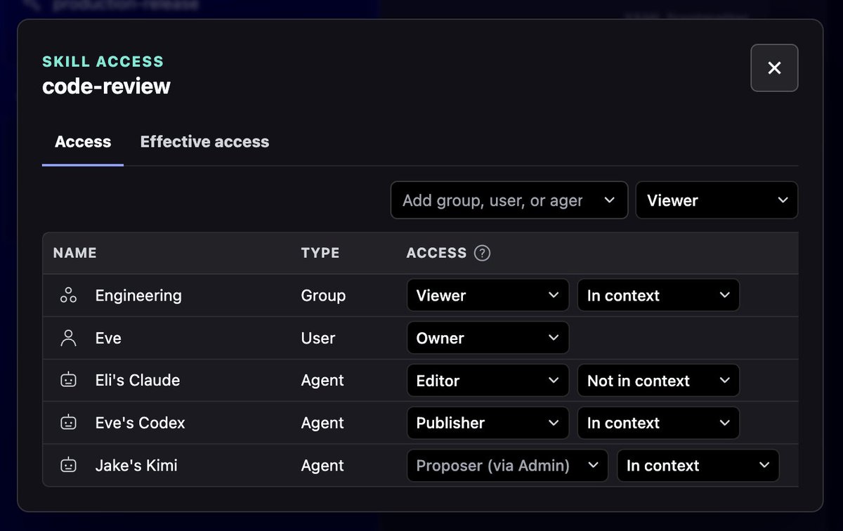 AbeWheeler5's tweet photo. Introducing @alignbase_ai Skill permissions &amp; routing!

Now your context is always routed exclusively to agents that need it, with exactly the right access level.

No more dangerously exposed skills, missing change management, or un-auditable agent inputs! https://t.co/6jdhh02Syr