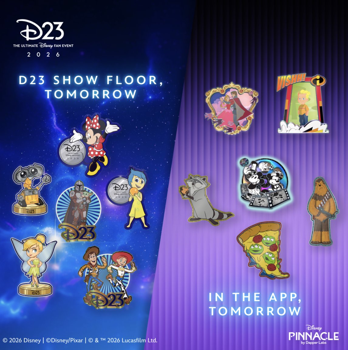DisneyPinnacle's tweet photo. D23: The Ultimate Disney Fan Event is just one more sleep away!

Tomorrow, at 9am PT, it all opens at once: new packs go live in the app, the #D23 doors open up, the trading counter starts, and our shirts will be up for grabs!

If you are in Anaheim, you can also catch the team at the Hilton Anaheim lobby from 5 to 8pm each night, starting today. 

The team are there to help collectors sign up to the app and give a walkthrough in person. Letting you get started before you're even on the D23 Floor 🙌

Plus, don’t miss the Disney Pinnacle by Dapper Labs community meet-up tomorrow evening: come through to the 5th Rooftop Lounge at 8:30 pm to join in!

Now, make sure you set your alarm, prepare your best Mickey ears, and have the app updated! ✨