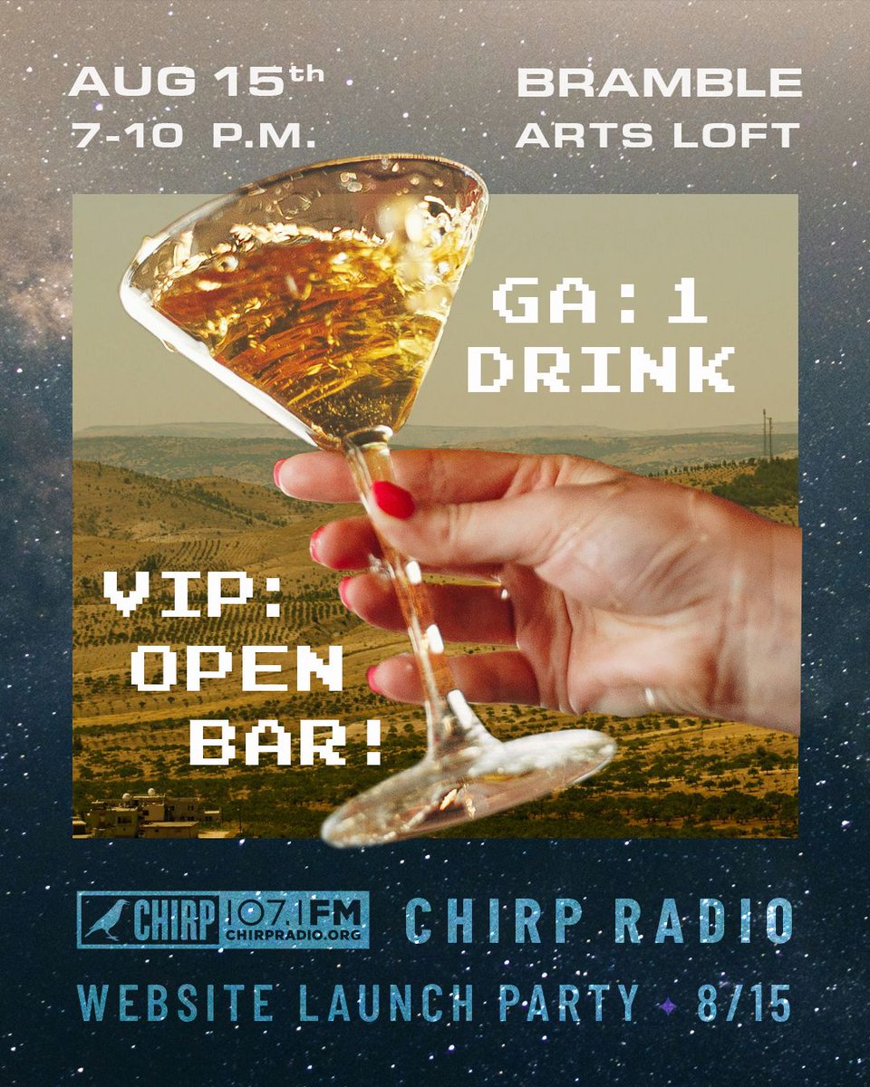 CHIRPRadio's tweet photo. This Saturday! The CHIRP Website Launch Party on August 15 at Bramble Arts Loft! Play Wii games! Dress in your favorite 2010s look! Win vintage and current raffle prizes! Get tickets at the link in bio. @brambleartsloft #CHIRPRadio #2010sAgain #CHIRPLaunchParty https://t.co/SUvFt63WkE