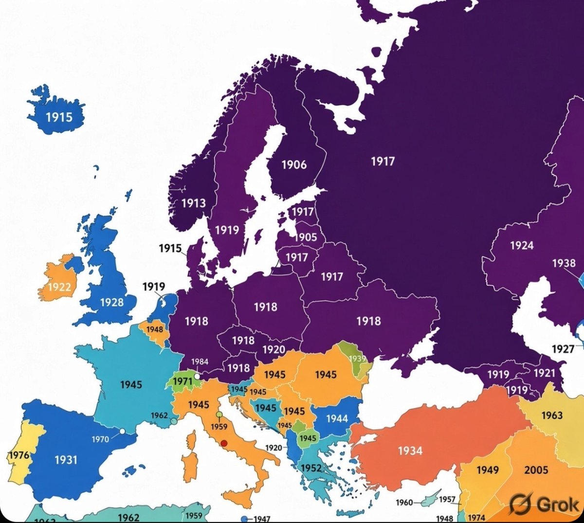 theepicmap's tweet photo. When did women get voting in Europe? https://t.co/jAYT9M04Nm