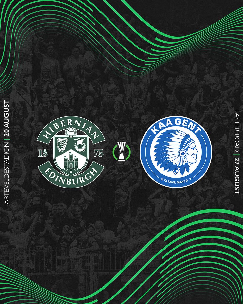 HibernianFC's tweet photo. 🇪🇺 A straight shootout for a place in the #UECL League Phase

🇧🇪 Hibernian will face Belgian Pro League outfit K.A.A. Gent in the UEFA Conference League Play-Off Round

✈️ First leg - Arteveldestadion, Thursday 20 August
🏡 Second leg - Easter Road, Thursday 27 August https://t.co/xFEttH4ppn