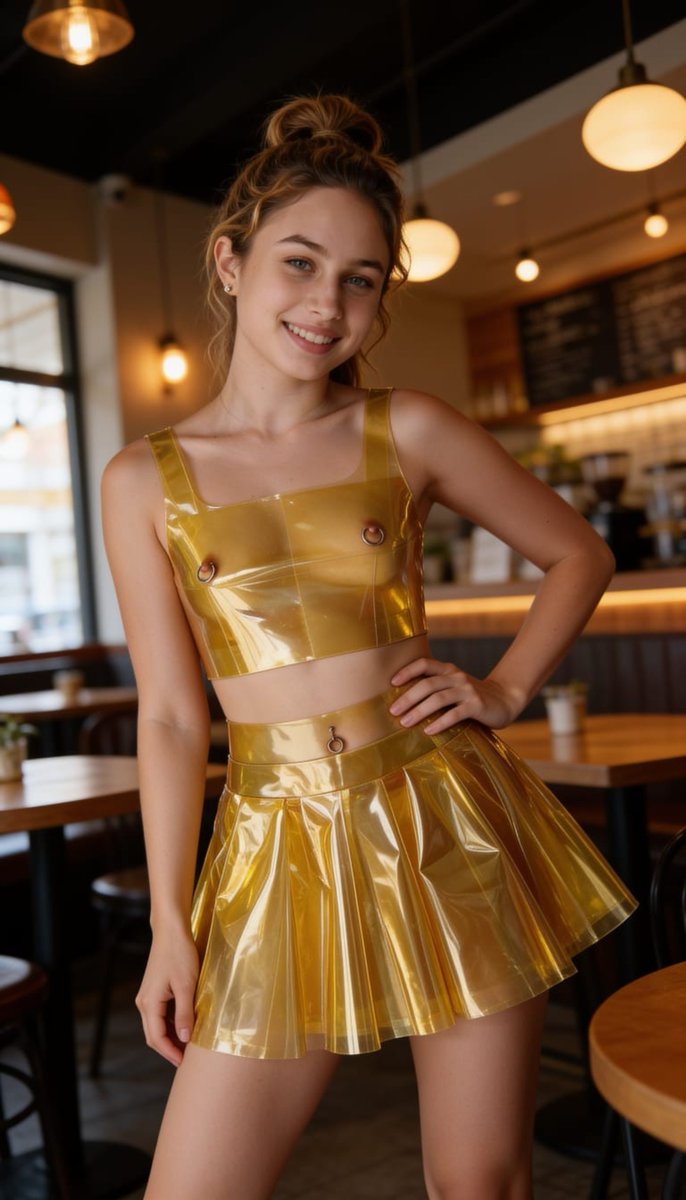 Lizzy1262629's tweet photo. Veronique in yellow plastic – in her shiny gold PVC crop top and pleated mini skirt at the cafe 💛 Soft smile and glossy vibes ✨
#GoldPVC #ShinyFashion #KinkyCute #GlossyFashion #PVCSet #PlayfulLook #ShinyPlastic #CafeVibes https://t.co/aDwx2wPkc1