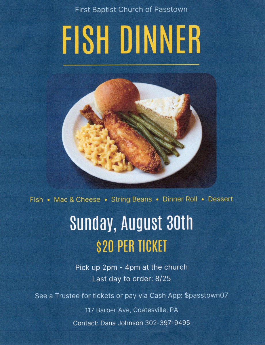 Fbcop77's tweet photo. The Trustees of First Baptist Church of Passtown are sponsoring a Fish Dinner Fundraiser on August 30th from to 2pm to 4pm at the church, takeout/pickup only-Contact info:  Email: fbcop77@gmail.com or you can use cashapp: $passtown07 Food prepared by Quincy Teel. (Quincyanos) See https://t.co/Us1TctP4B7