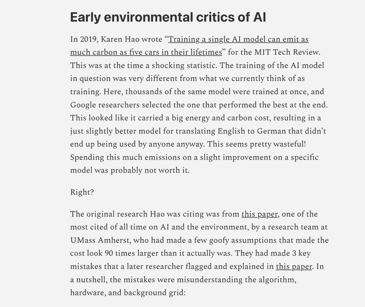 AndyMasley's tweet photo. With Bender commenting more on the environmental impacts of data centers it's as good a time as any to remind people that Stochastic Parrots' section on the terrible environmental consequences of AI is mainly based on a statistic wrongly inflated by 2 orders of magnitude that the authors haven't ever acknowledged or fixed